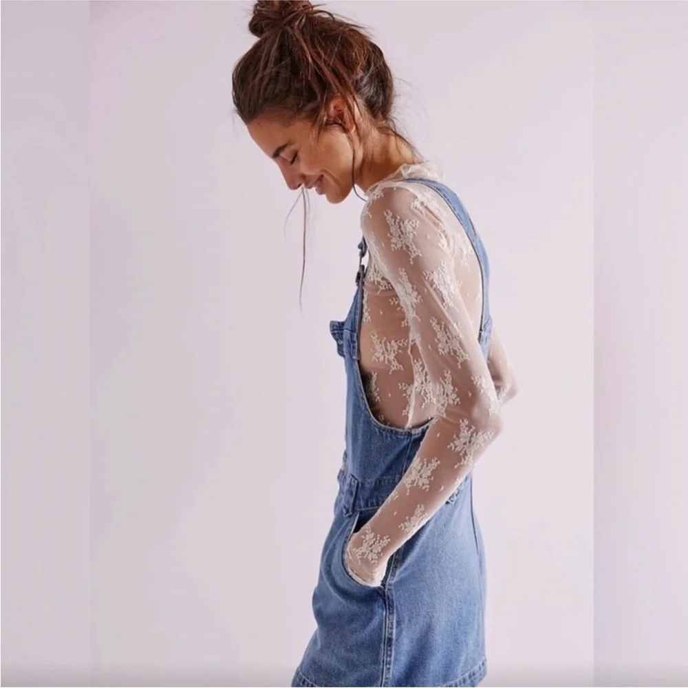 NWT Free People Blue Denim Button-Front Pinafore Dress Size Large - Picture 3 of 4